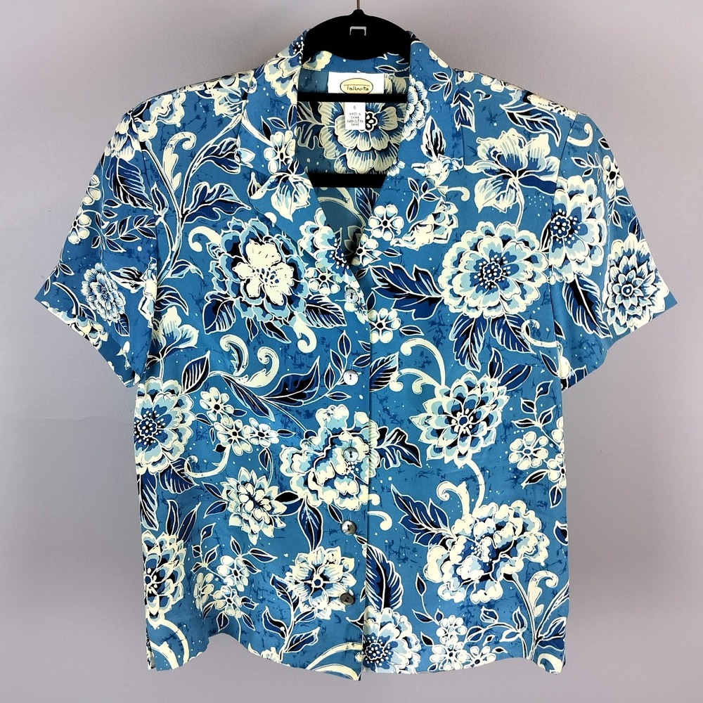 Vintage Talbots Silk Floral Button Down Shirt‎ Womens Blue Short Sleeve 6